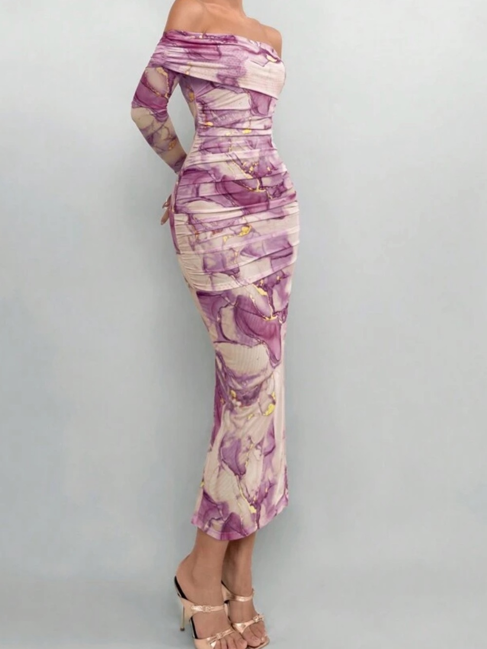 Off-Shoulder Purple Marble Midi Dress